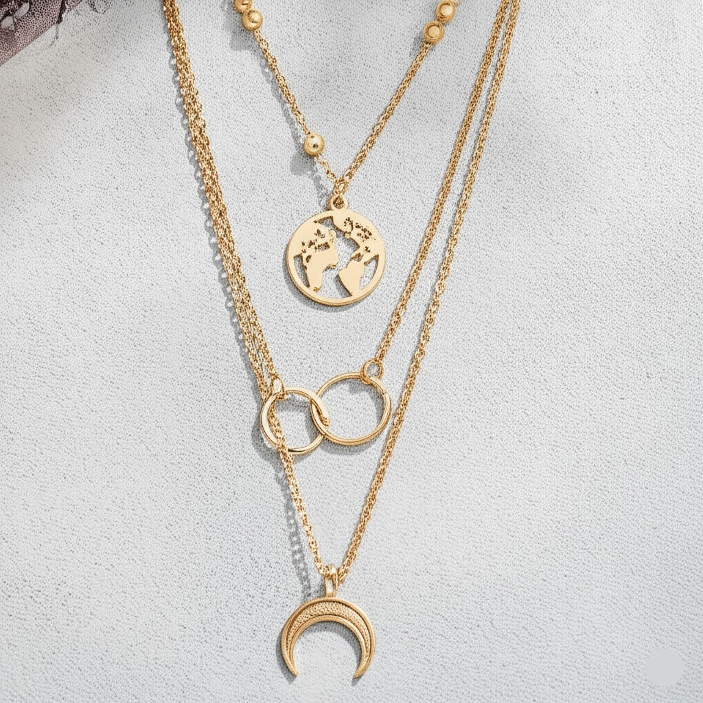 Layered Globe and Crescent Moon Necklace