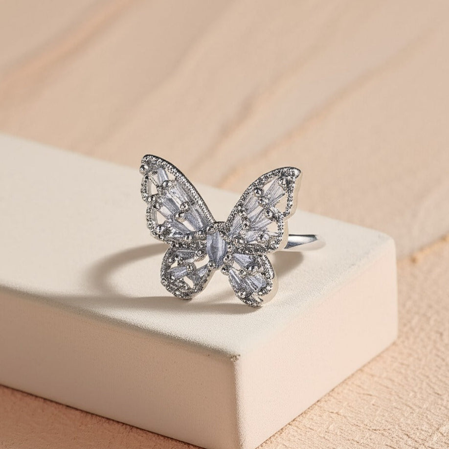 Silver Butterfly Crystal Ring